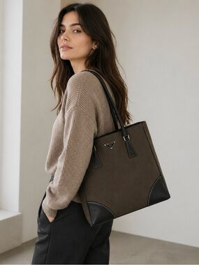 Prada Leather Tote Bag Brown Black Shoulder Bag Medium Everyday Luxury Handbag